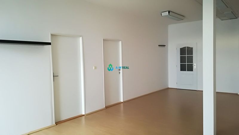 Offices with white walls and a wooden decor floor, three white doors.
