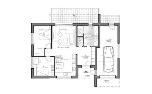 The floor plan of the family house shows two rooms, a living room, a kitchen, and a garage.