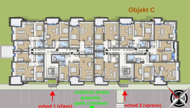 The floor plan of object C shows the layout of apartments with an area starting from 50.42 m².