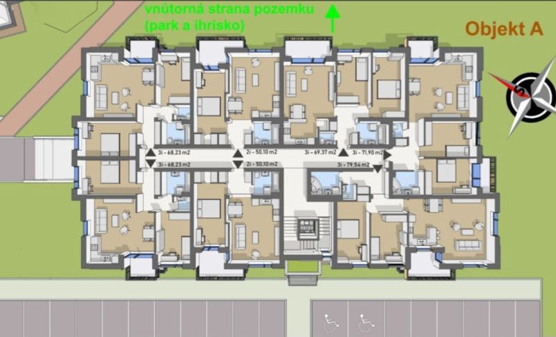 Floor plans of apartments in building A with an area from 50 m² to 79 m².