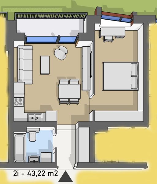 Floor plan of a 2-room apartment with wood-patterned flooring and a balcony.