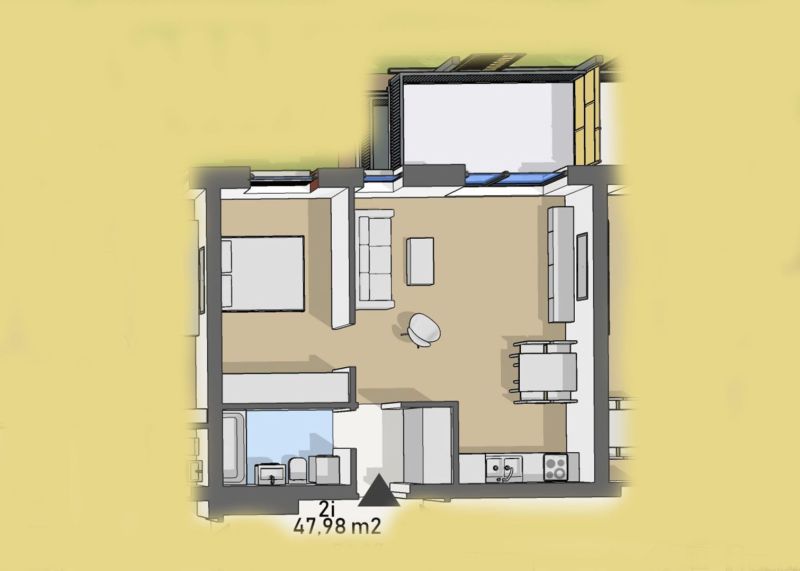 Floor plan of a 2-room apartment with furnishings and a wooden decor floor.