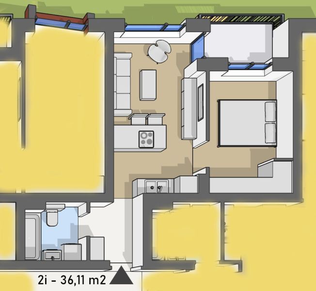Floor plan of a 2-room apartment with wood-patterned flooring, a bathroom, and a kitchen.