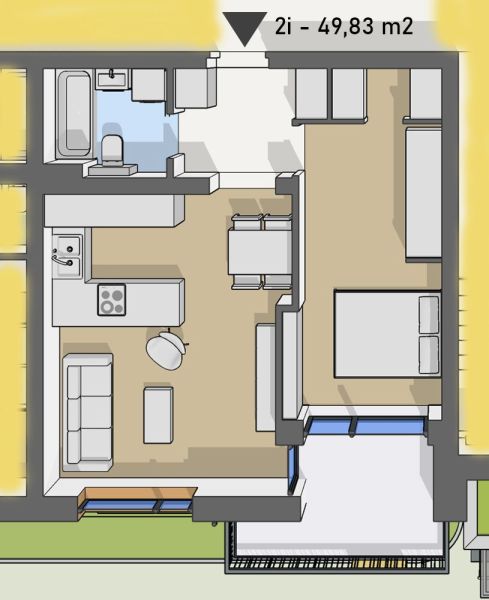 Floor plan of a 2-room apartment with wood-patterned flooring, includes a kitchen and a balcony.