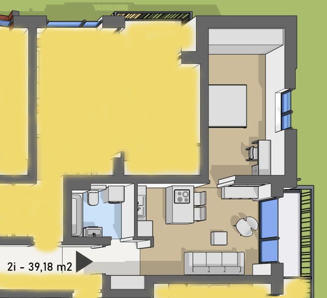 Floor plan of a 2-room apartment with a kitchen, living room, and two balconies.