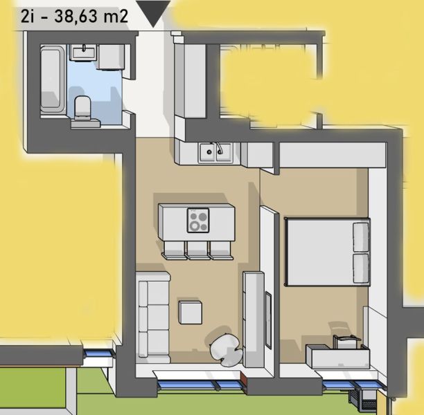 Floor plan of a 2-room apartment with a kitchen, bathroom, and wooden decor flooring.