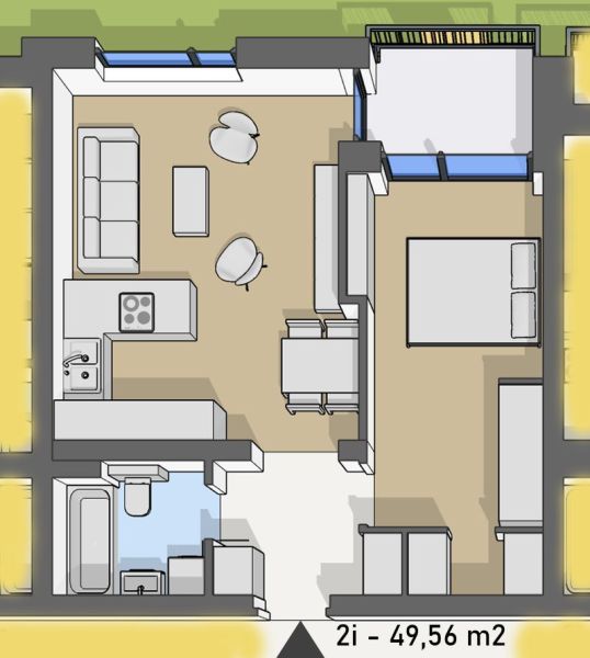 Floor plan of a 2-room apartment with wood-patterned flooring, kitchen, and bathroom.