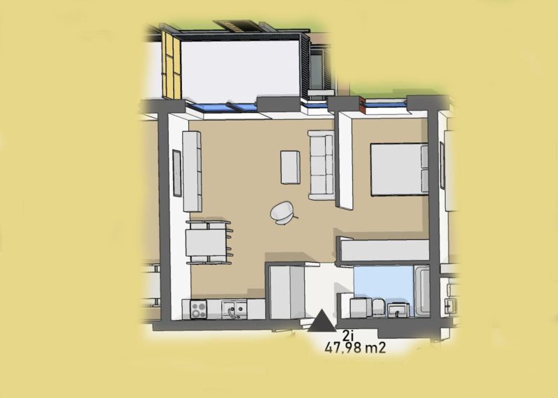 Floor plan of a 2-room apartment with an open kitchen, living room, and bathroom.