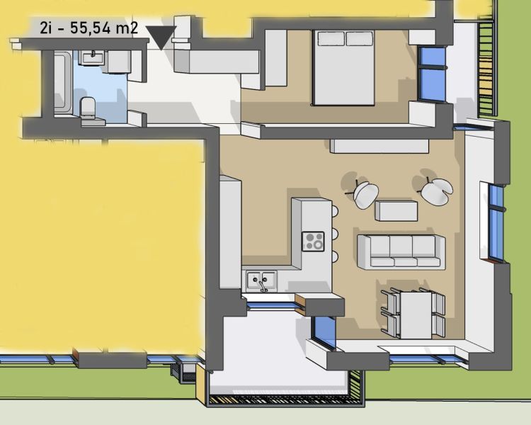 Floor plan of a 2-room apartment with a kitchen, living area, and bathroom.