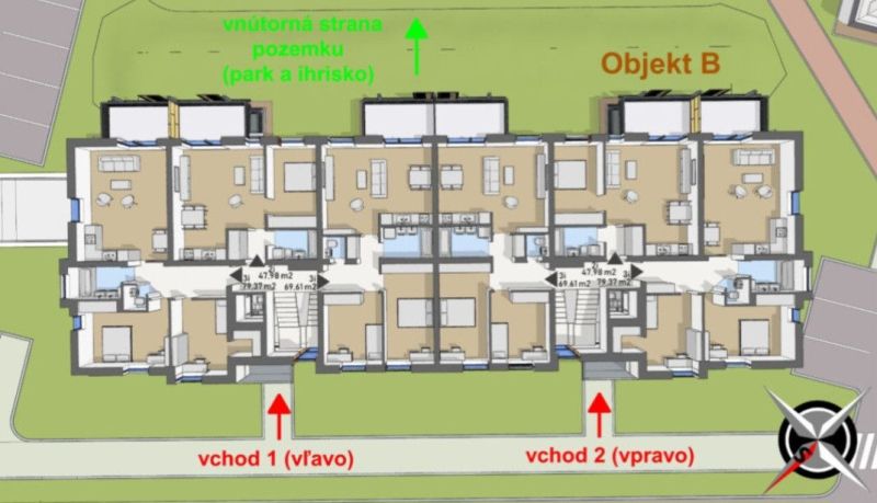Floor plan of Building B in Dunajská Streda with two entrances and four apartments.