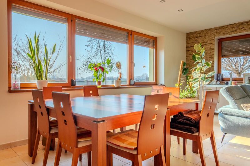 A bright dining room in a family house with a wooden table and plants.