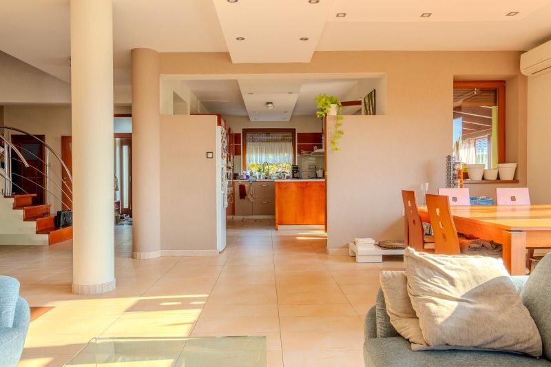 Open concept of a family house with a kitchen, living room, and dining area.