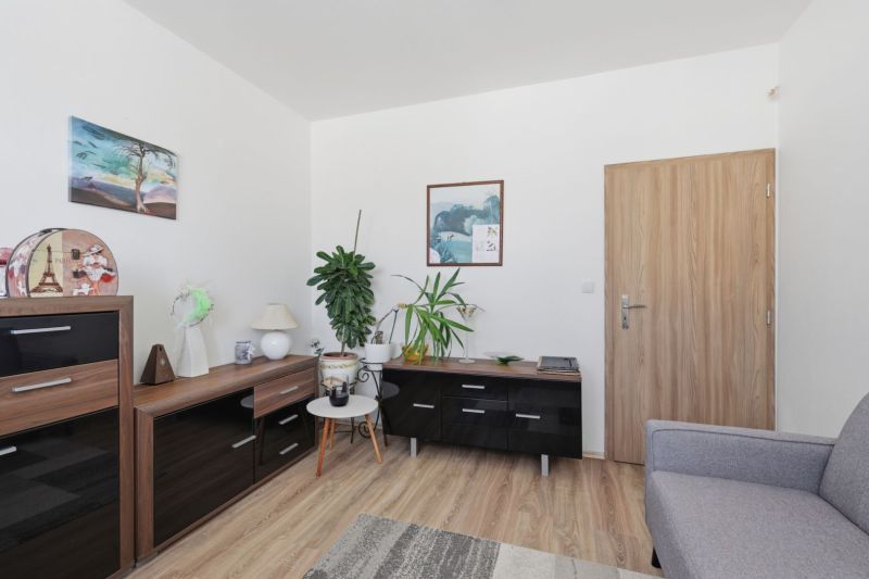 Living room in a family house with a wooden decor floor, decorations, plants, and furniture.