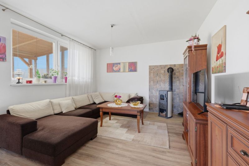 Living room in a family house with a sofa, fireplace, and wooden decor flooring.