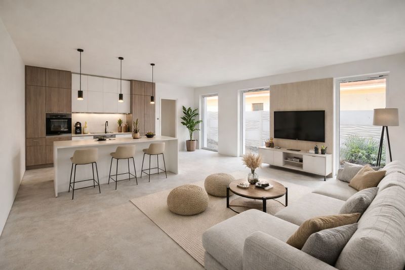 Kitchen and living room with an island, light sofa, and television in a family house.