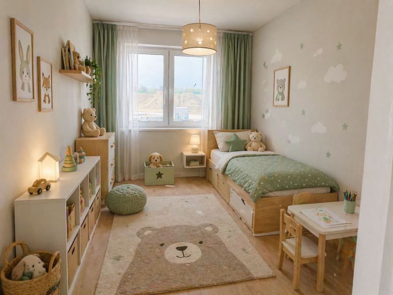 Children's room with pastel decorations, wooden furniture, and a floor with a wooden decor.