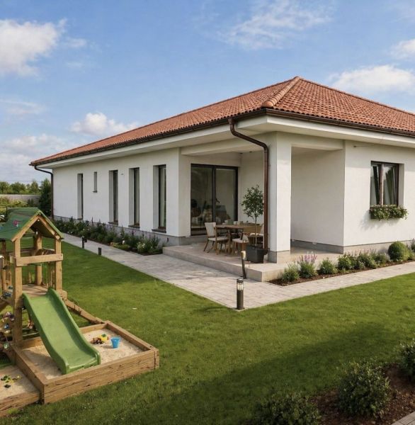 A family house in Michal na Ostrove with a terrace, garden, and wooden children's playground.