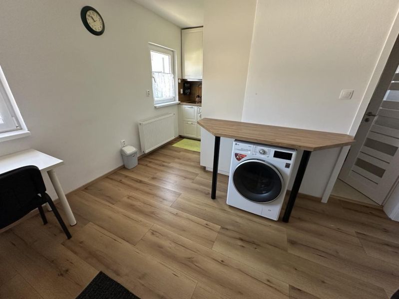 A studio apartment with a wood-patterned floor, a washing machine, and a table under the window.