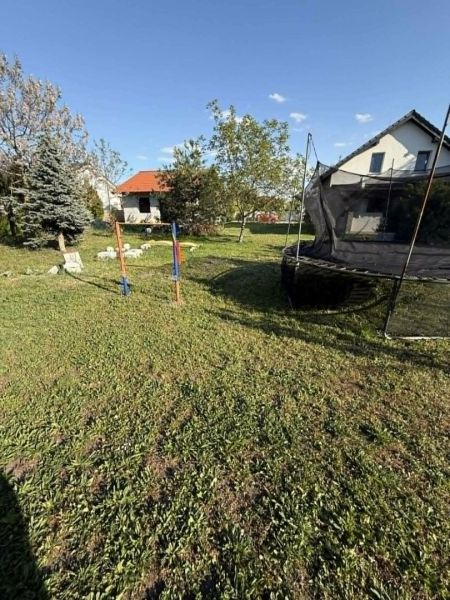 A garden with a trampoline and trees near a family house in Dolný Štál.