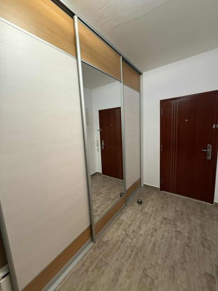 In the 3-room apartment, there is a built-in wardrobe with a mirror and doors, and a floor with a wooden decor.