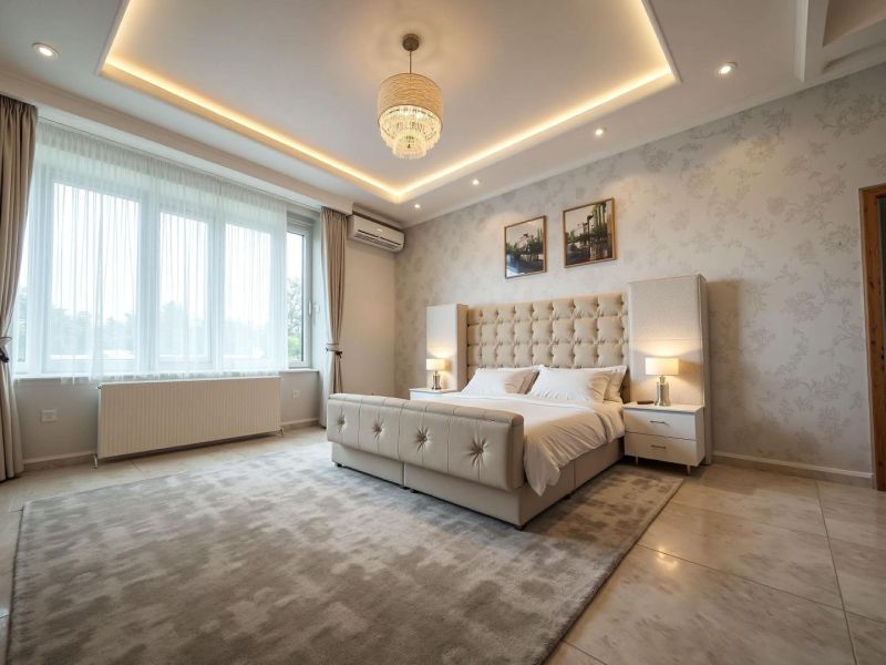 A bedroom with an upholstered bed in a family house, stylish lighting, and a peaceful atmosphere.