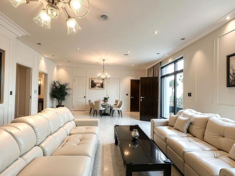 Interior of a family house with cream sofas, a black table, and plants.