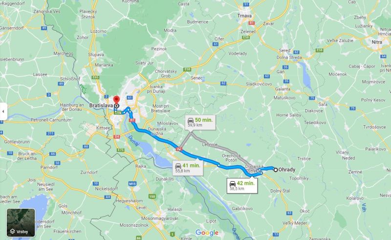 Map showing the route from Ohrady to Bratislava, distance approximately 60 km.