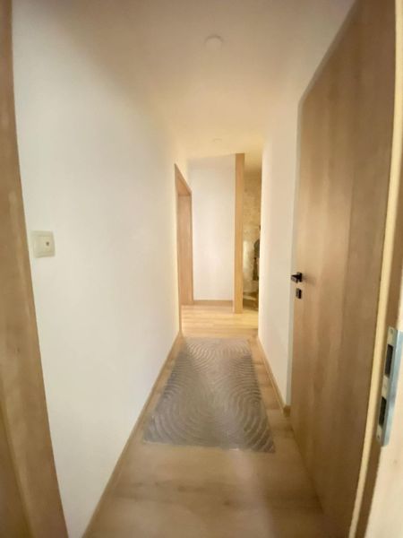 A hallway in a 3-room apartment with a wooden decor floor and a transparent carpet.