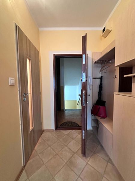 The entrance hall in a one-room apartment with built-in cabinets and open doors.