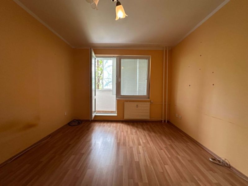 A room in a one-bedroom apartment with light-colored walls and a floor with a wood decor.