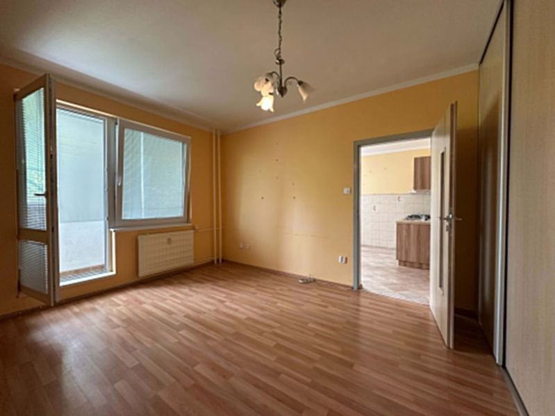 A room with a wooden decor floor, a door, and a window in a studio apartment.