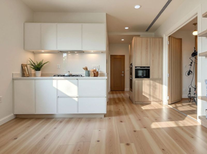 A kitchen in a studio apartment with a wood-patterned floor and white cabinets.