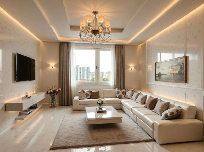 Living room in a one-bedroom apartment with a sofa, table, and elegant chandelier.