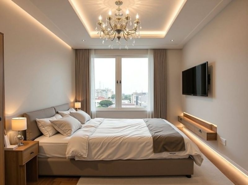 A bedroom in a studio apartment with a chandelier, a bed, and a TV on the wall.