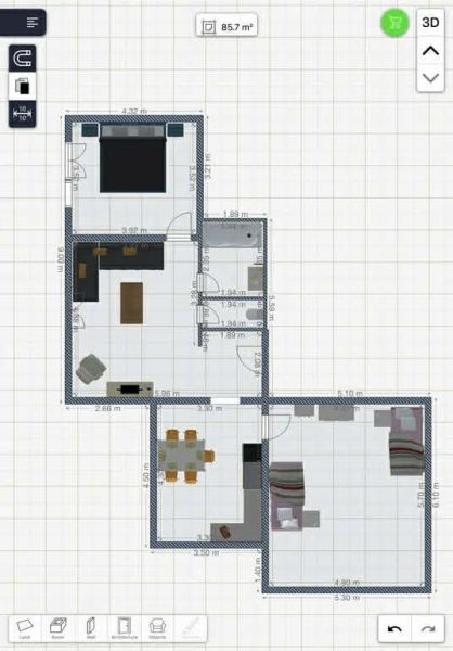 Floor plan of a 3-room apartment with an area of 85.7 m², with a dining room and bedrooms.