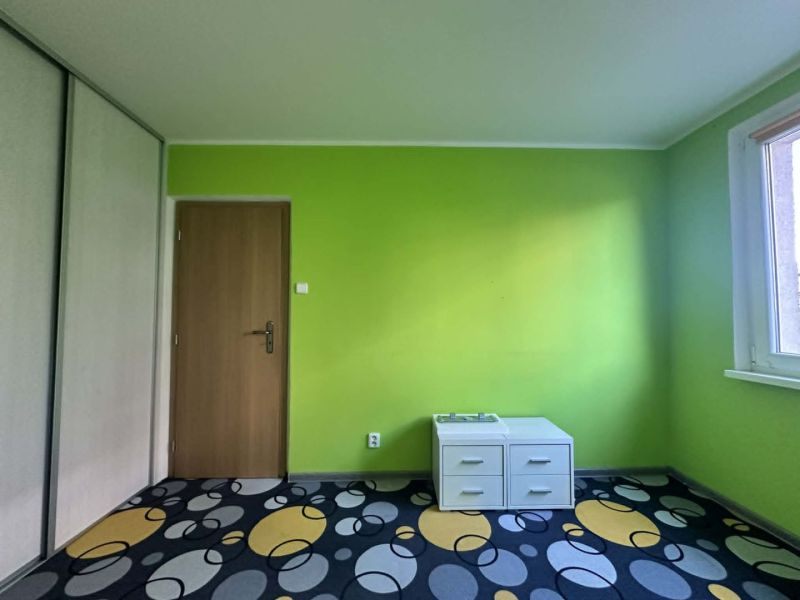 A room in a 3-room apartment with a green wall, a cabinet, and a colorful carpet.