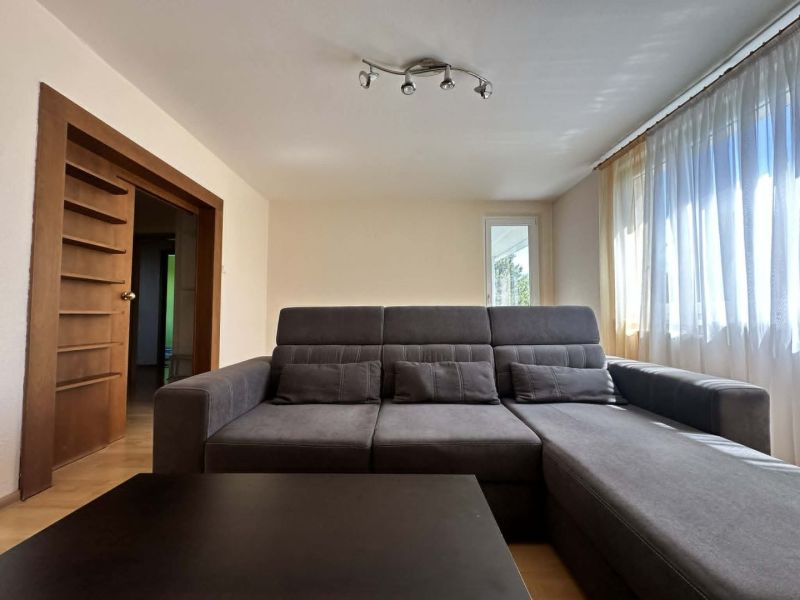 A bright living room with a sofa and a built-in shelf in a three-room apartment.