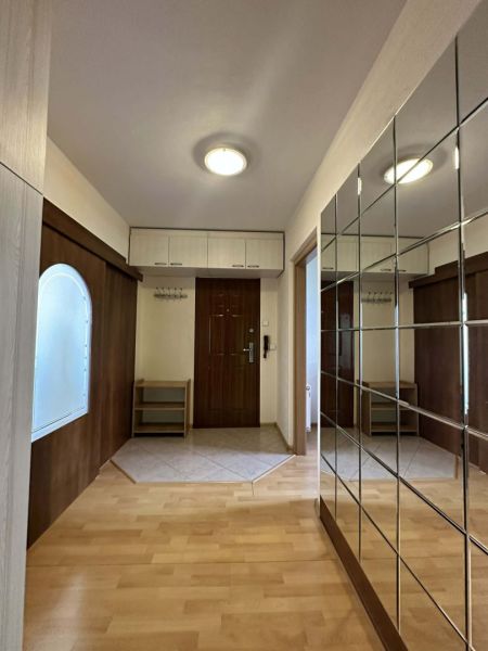 Entrance hall of a 3-room apartment with a wooden decor floor and a mirrored wall.