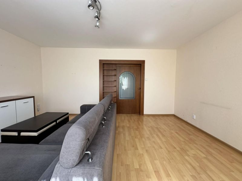 Living room in a 3-room apartment with a wooden decor floor, gray sofa, and doors.