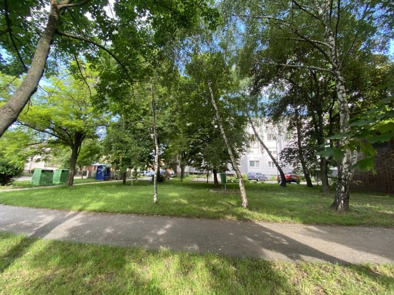 A park with deciduous trees and a path in Dunajská Streda near the building.