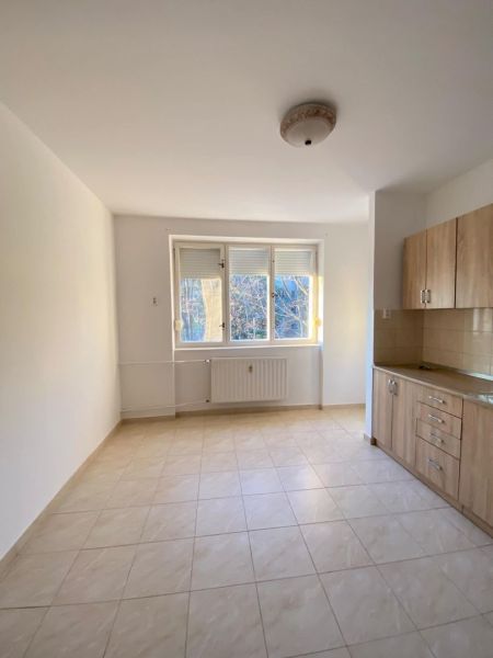 Simple kitchen in a studio apartment with tiles and a bright window.