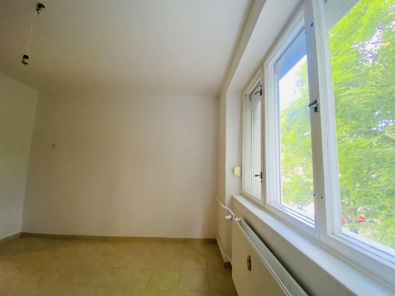 A spacious room in a one-bedroom apartment with a large window and white walls.