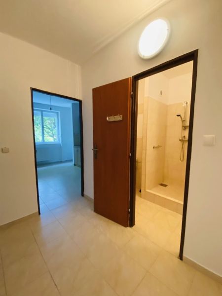 Entrance hall in a 1-room apartment with tiles and a view into the bathroom.