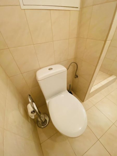 Bathroom in a studio apartment with a ceramic toilet and a toilet paper holder.