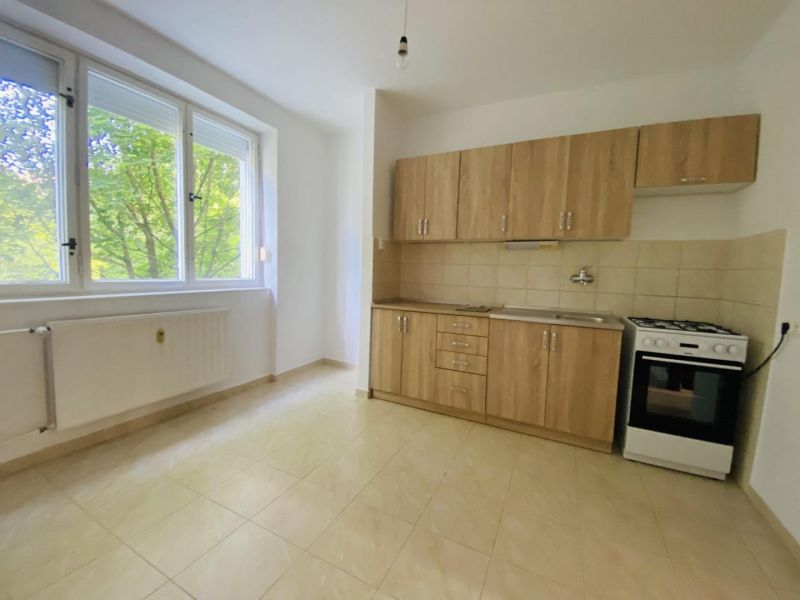 A kitchen in a one-room apartment with a window, a kitchen unit, and a gas stove.