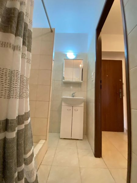Bathroom with a sink, shower, and tiles in a studio apartment.