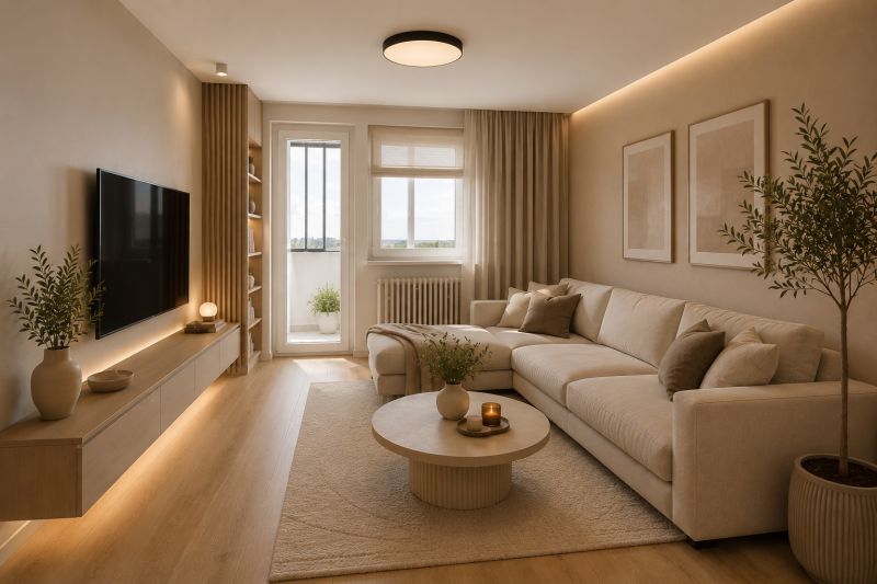 Living room in a three-room apartment with a wooden decor floor and a cream sofa.