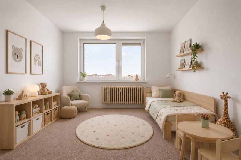 Children's room in a 3-room apartment with natural wooden furniture and a round carpet.