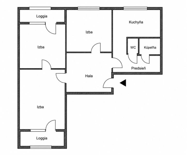 Floor plan of a 3-room apartment with an entrance hall, hallway, kitchen, bathroom, toilet, and loggias.