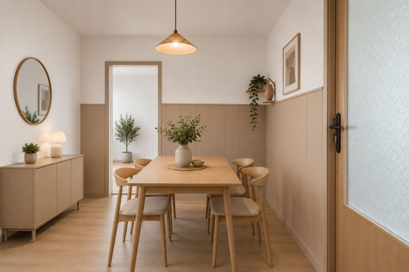 Dining room in a 3-room apartment with a wooden decor floor, a wooden table, and plants.